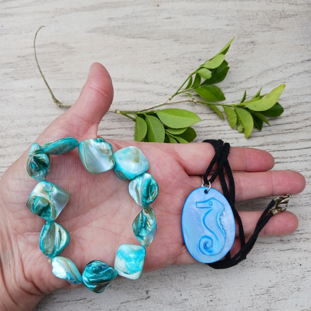 Set 2 - Blue Shell Bracelet & Blue Seahorse Necklace